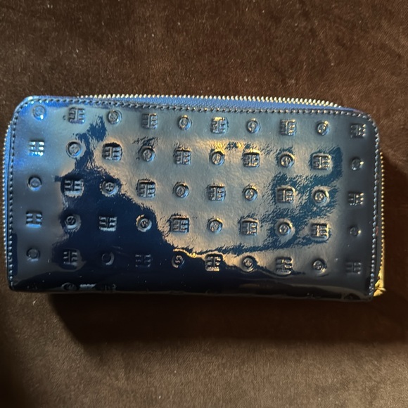 ARCADIA PATENT LEATHER LARGE SATCHEL HANDBAG PURSE - Navy/Tan Trim - Picture 2 of 16